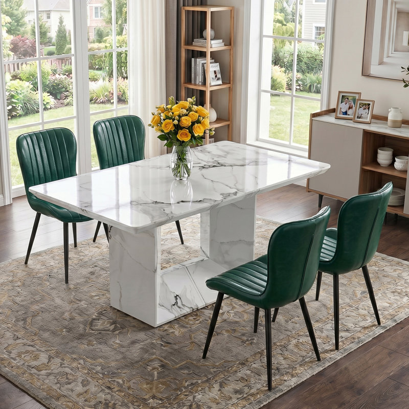 5 - Piece Modern Glam Dining Set With 63" Rectangular Faux Marble Table And 4 Channel-Tufted Faux Leather Chairs, Green