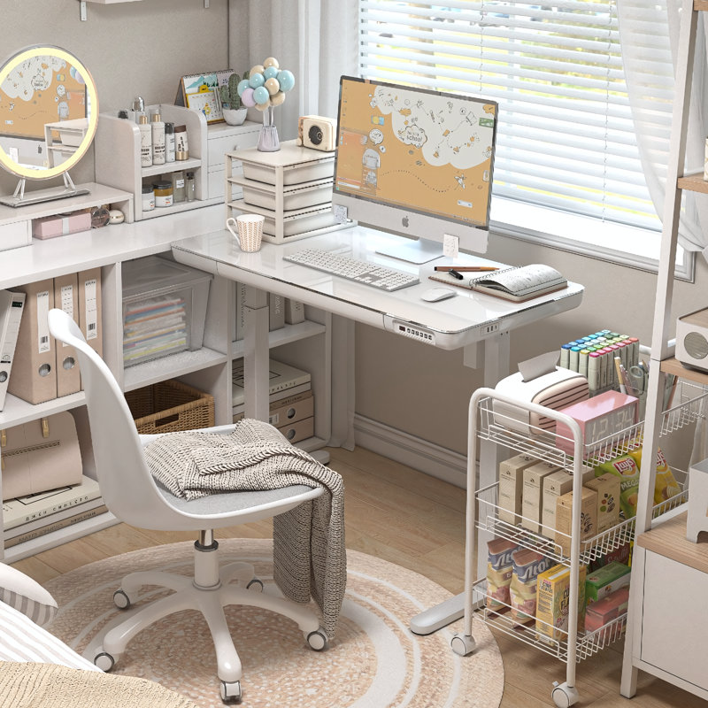 Bureau debout à hauteur ajustable en verre avec tiroir Keb Home Office, Blanc