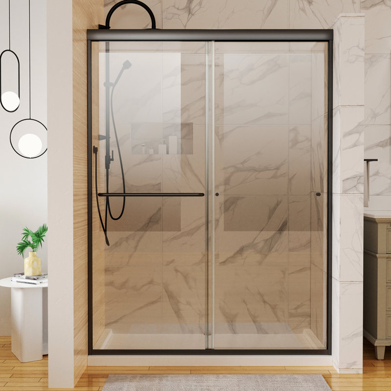 Traditional Sliding Shower Door In Matte Black With Wide Angle View Glass