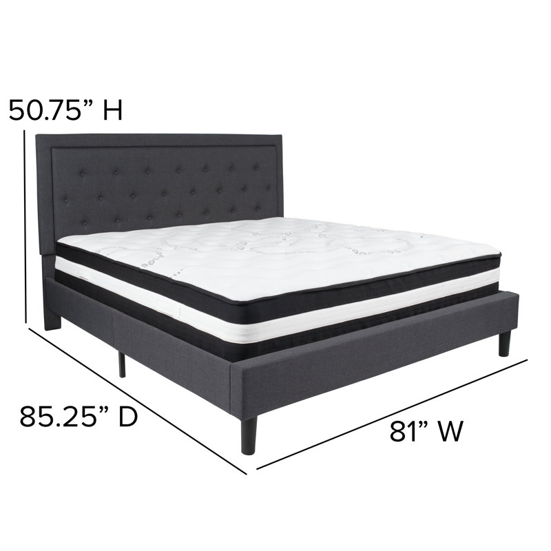 Aluino Panel Tufted Upholstered Platform Bed and Pocket Spring Mattress, Dark Gray, King