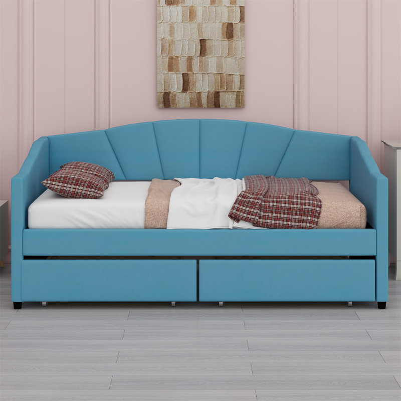 Upholstered Daybed With Two Drawers, Blue