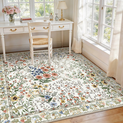 Tapis lavable à motif floral 6 carrés : Tapis imprimé floral bohème mignon antidérapant à poils courts pour salon, chambre, cuisine, bureau, entrée, couloir, style champêtre