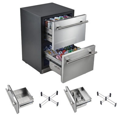 24-Inch Undercounter Drawer Refrigerator and Freezer Combo, Beverage Cooler with Stainless Steel Drawers, Dual Sections for Chilled Drinks and Frozen Foods, Ideal for Kitchen, Home Bar, or Game Room