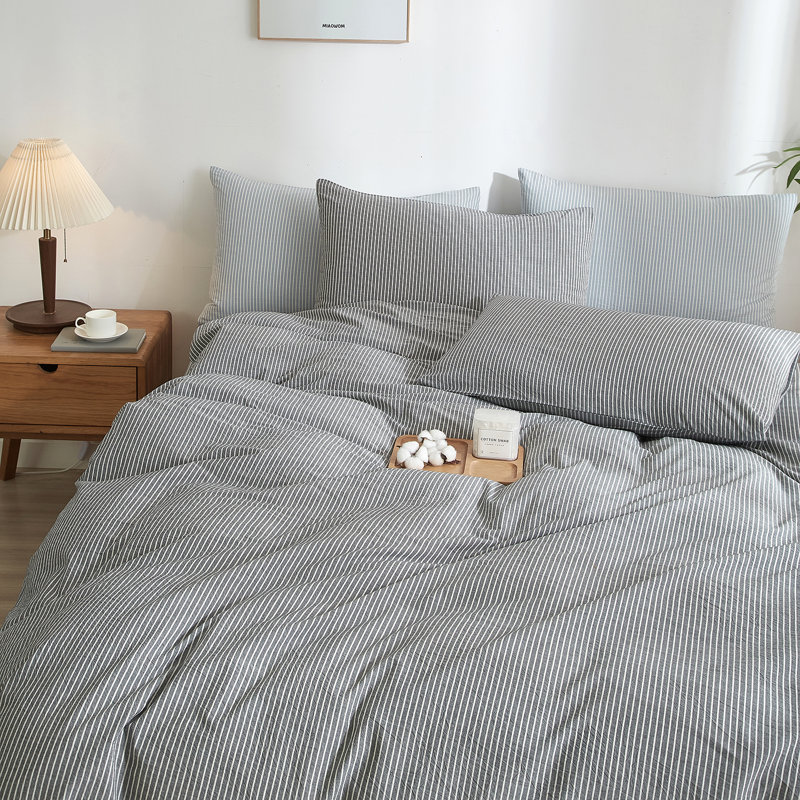 LIFETOWN Striped Duvet Cover Set,3 Pcs Breathable Durable 100% Washed Cotton Comforter Cover for All Seasons, Chic Linen Like Textured Bedding Set.