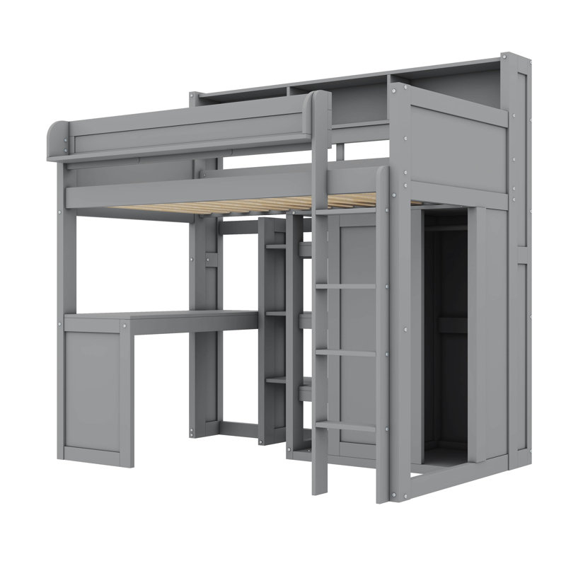 Lit mezzanine simple avec tablettes et garde-robe, Gris