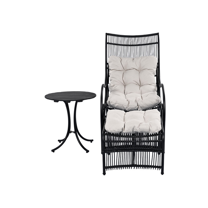 3 Pieces Wicker Outdoor Patio Furniture Set With Lounge Chair, Balcony Chairs Table Set With Cushions, Ottoman, Patio Conversation Sets For Garden ,Deck,And Porch, Black & Beige