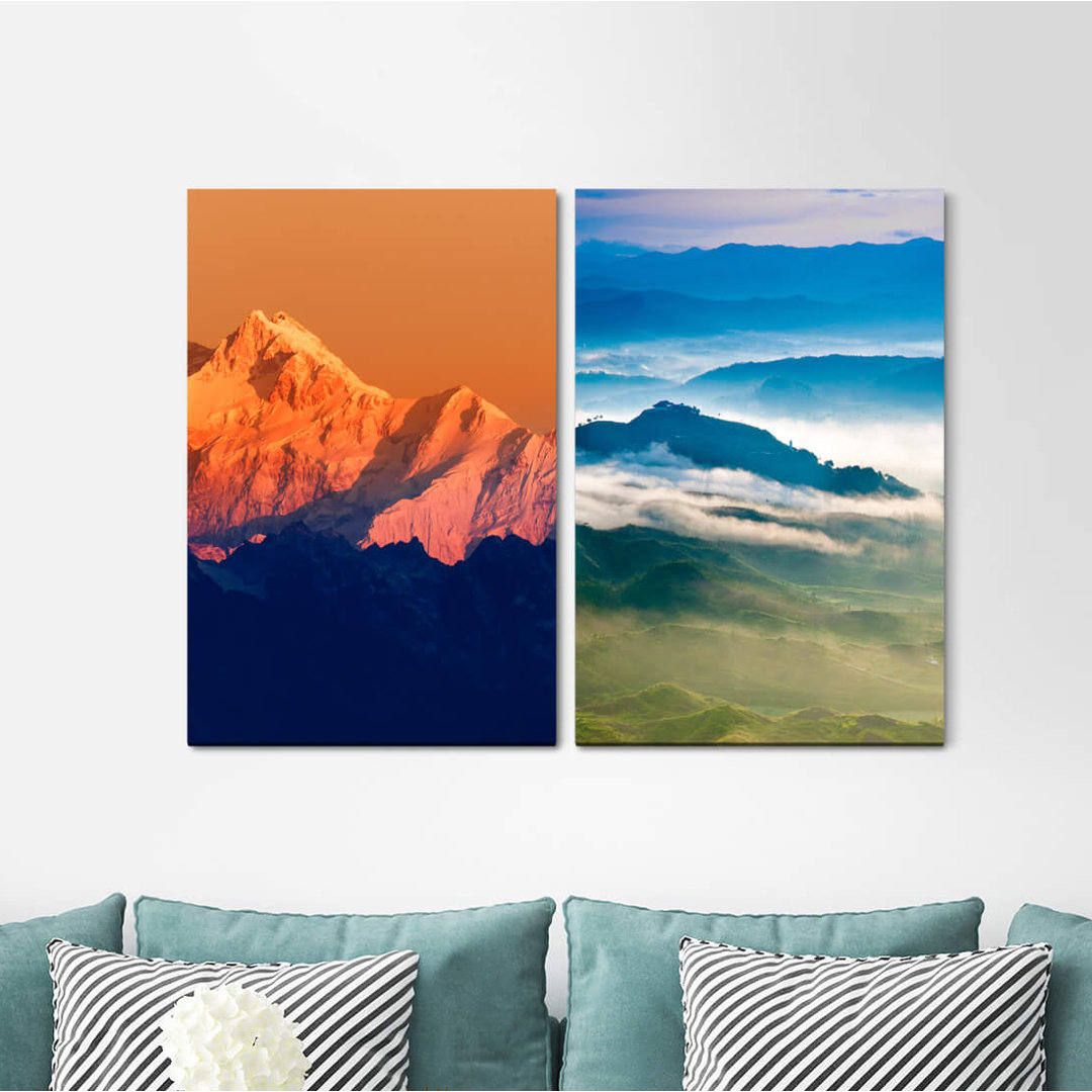 2-tlg. Leinwandbilder-Set - Grafikdruck „Mountain Landscape Fog Snowy Peaks Silence Calming”