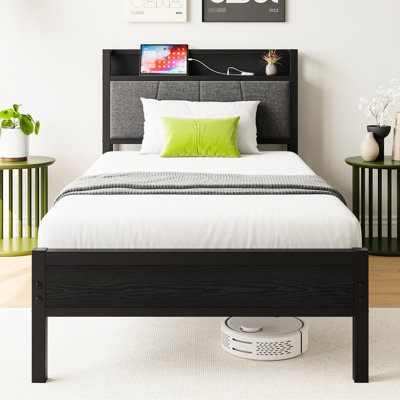 Twin Bed Frame Featuring Storage Headboard And Charging - , , Easy To Install Size Platform & Outlets 6.69 In Package Height, Functional