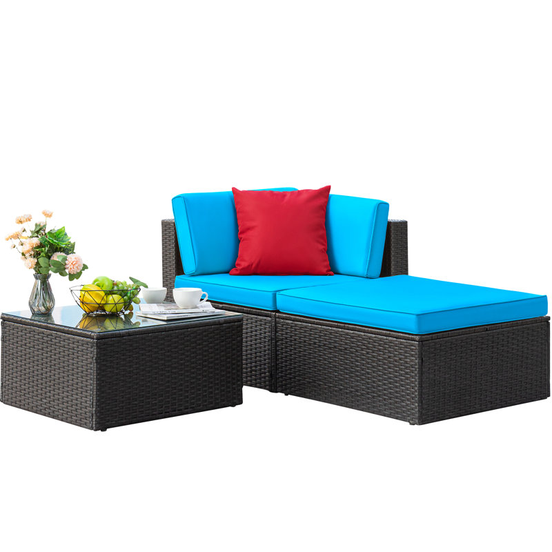 3 Pieces Patio Furniture Sets All Weather Outdoor Sectional Patio Sofa Manual Weaving Wicker Rattan Patio Seating Sofas with Cushion and Glass Table