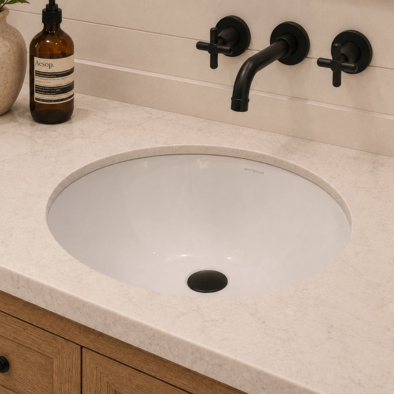  Lavabo encastré Whitehaus avec trop-plein et drain central arrière