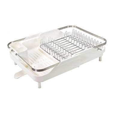 Navaris Dish Drainer Rack - Plate, Cutlery, Pots and Pans Drying Rack for Kitchen - Modern Retro Design Drip Tray with Metal Rack - White