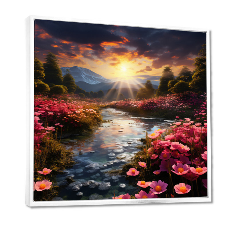 Glorieux coucher de soleil rose en fleurs, rivière, lotus, art mural de salon, Cadre flottant blanc, bois massif