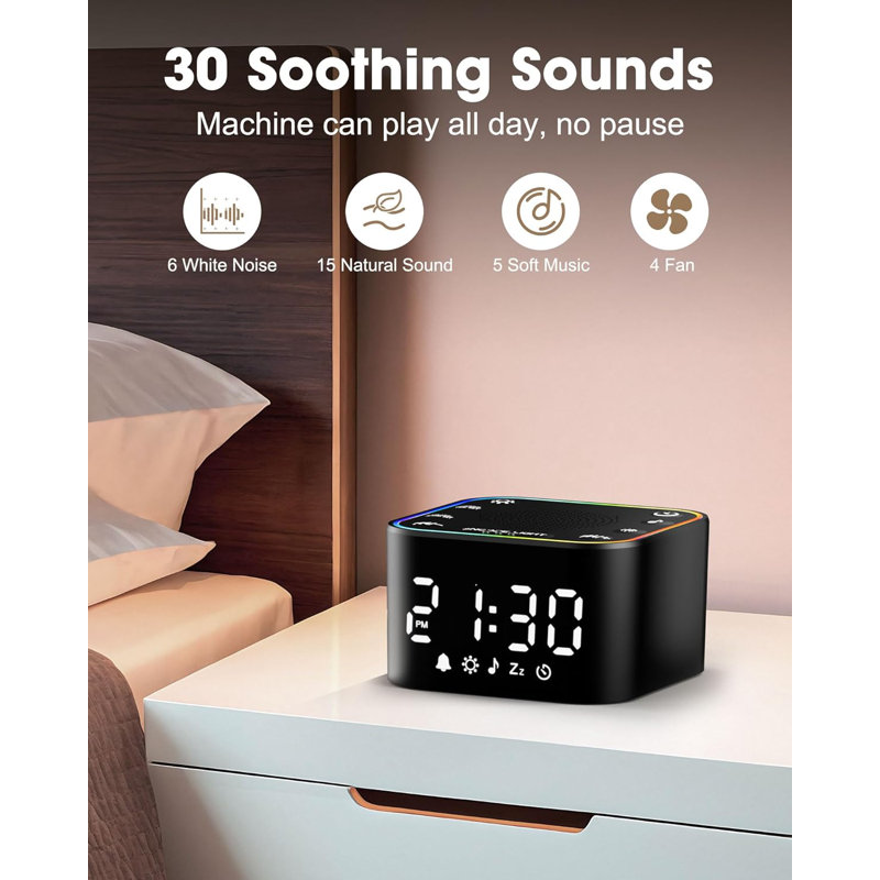 White Noise Sound Machine Noise Machine With Alarm Clock For Sleeping RGB Night Light Digital Clock Nightstand, With 30 Soothing Sounds Including Fan, Rain