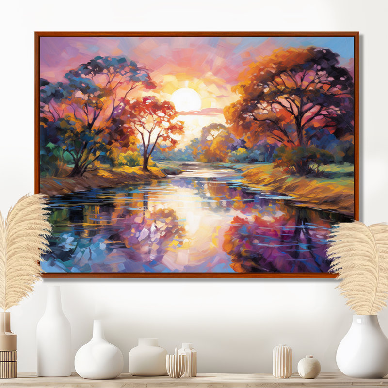 Mauve automne coucher de soleil sur une large rivière - lac, art mural, H 12 po x l 20 po, Cadre flottant brun, bois massif