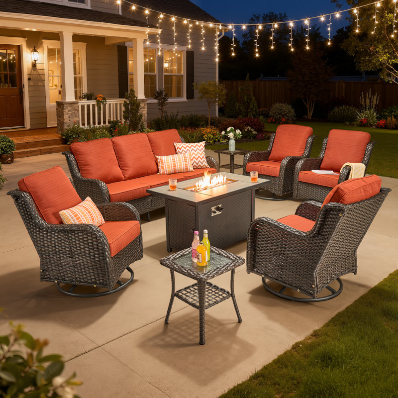 7 - Person Wicker Outdoor Conversation Set, Patio Sofa & Swivel Chair Set with Fire Pit and Cushions