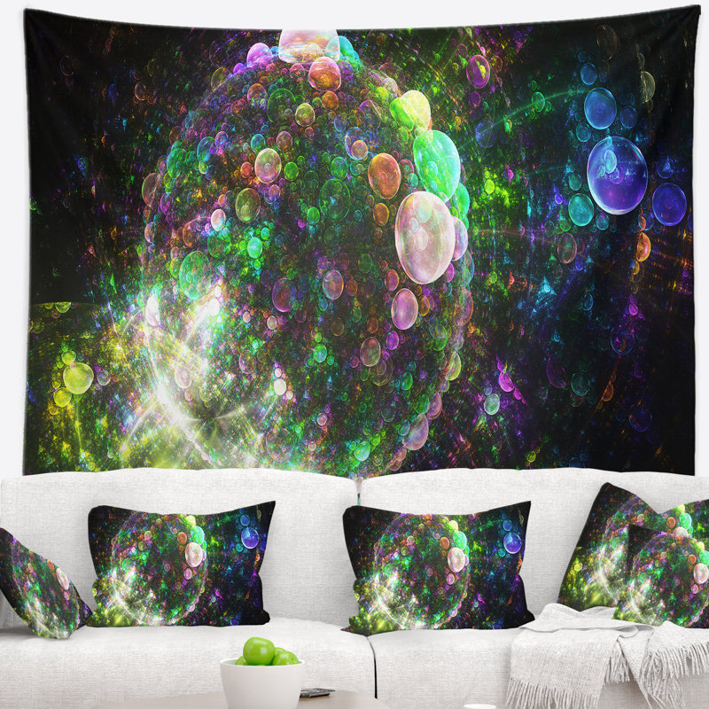 Tapisserie sphérique abstrait multicolore à bulles planétaire, H 78 po x l 92 po