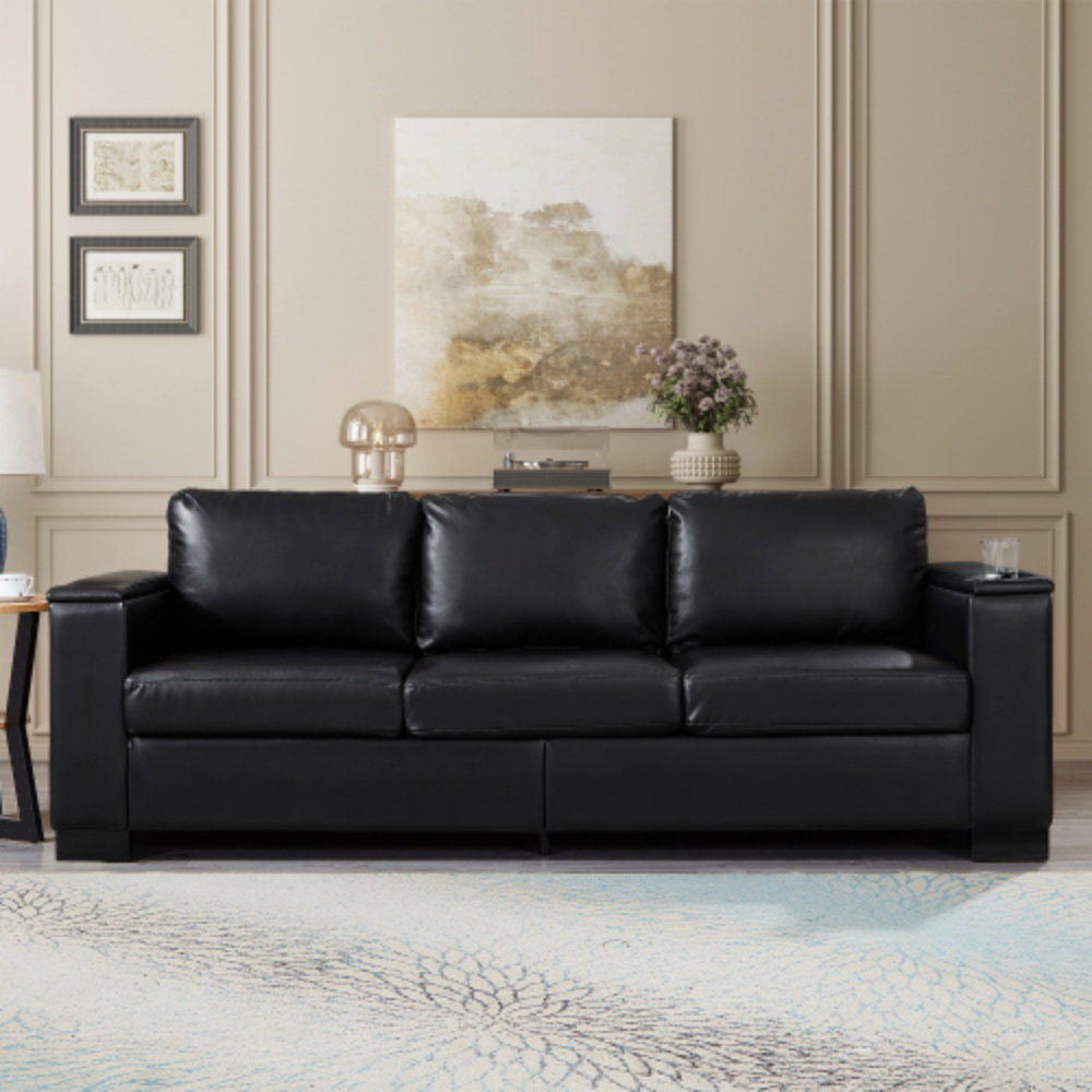 Latitude Run® 93.7" Modern Faux Leather Sofa With Square Arms, Cup ...