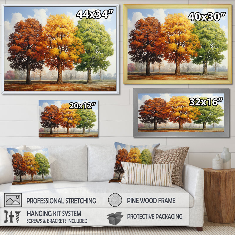 Tapisserie saisonnière orange sur érable jaune sur toile II, Cadre naturel flottant, H 30 po x l 40 po x P 1,5 po