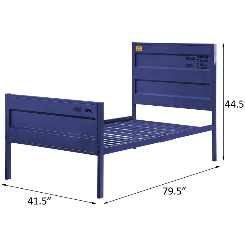 Lit plateforme simple en bleu avec structure en métal et stable pour la chambre à coucher