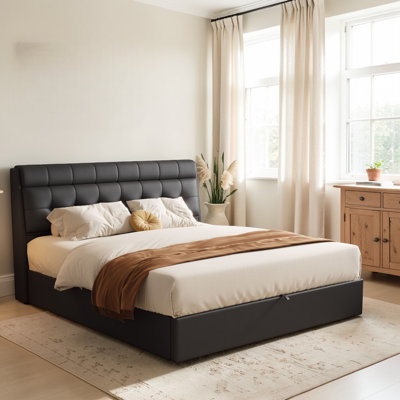 Bakki PU Upholstered Hydraulic Bed With Concealed Headboard Storage, Bed Box Storage
