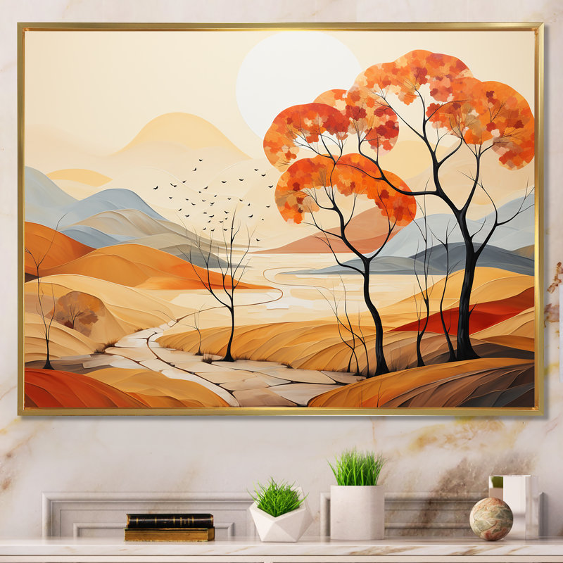 Serene Autumn Lansdcape - Décoration murale paysage abstrait, Cadre flottant doré, H 30 po x l 40 po x P 1,5 po