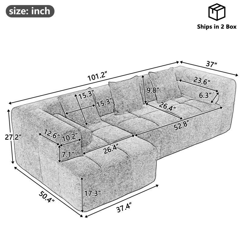 Grey Sectional Couch For Home, 101.2". Modular Design With Deep Seating. Full Foam Comfort. Smooth Curved . 3 Square & 2 Bolster Pillows. Back. American Inspired Design. 50.4" Width. 27.2" Height.