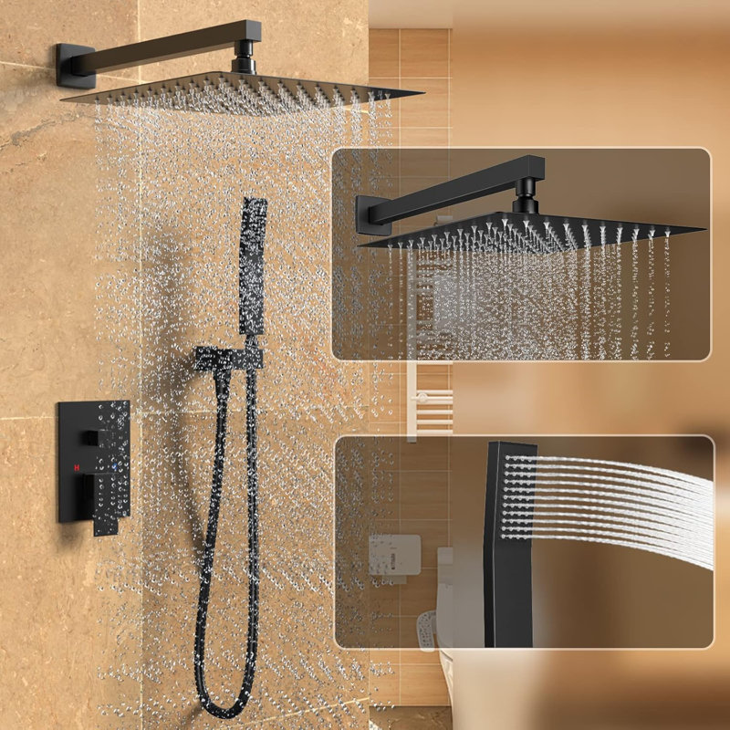 High Pressure Rainfall Shower System With Handheld Combo, Wall Mounted Shower Faucet Set With Rough-In Valve And Trim Kit, Cupc Certified For Water Hammer Prevention