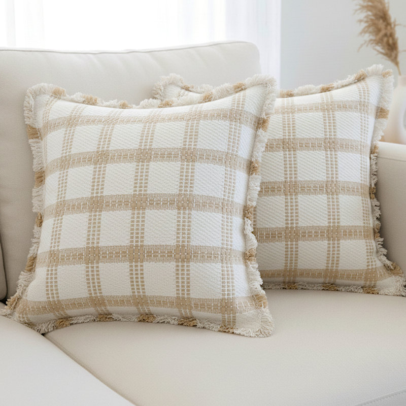Ensemble de 2 housses de coussin à carreaux tissées avec franges, Beige, 18 po x 18 po