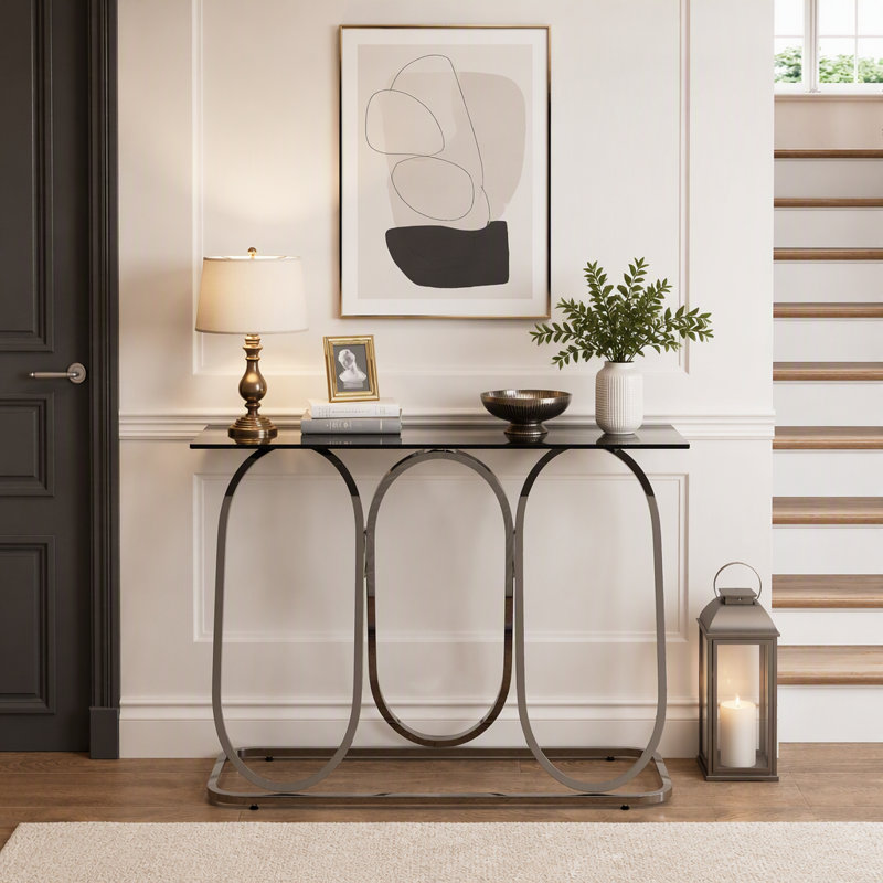 Console moderne en verre trempé avec cadre en anneau métallique, idéale pour le salon, l'entrée, le corridor et la chambre.