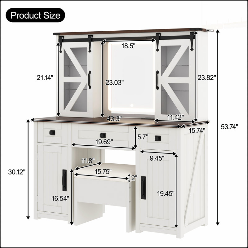 Meuble-lavabo de ferme avec miroir lumineux, station de charge et vaste espace de rangement pour un charme rustique moderne
