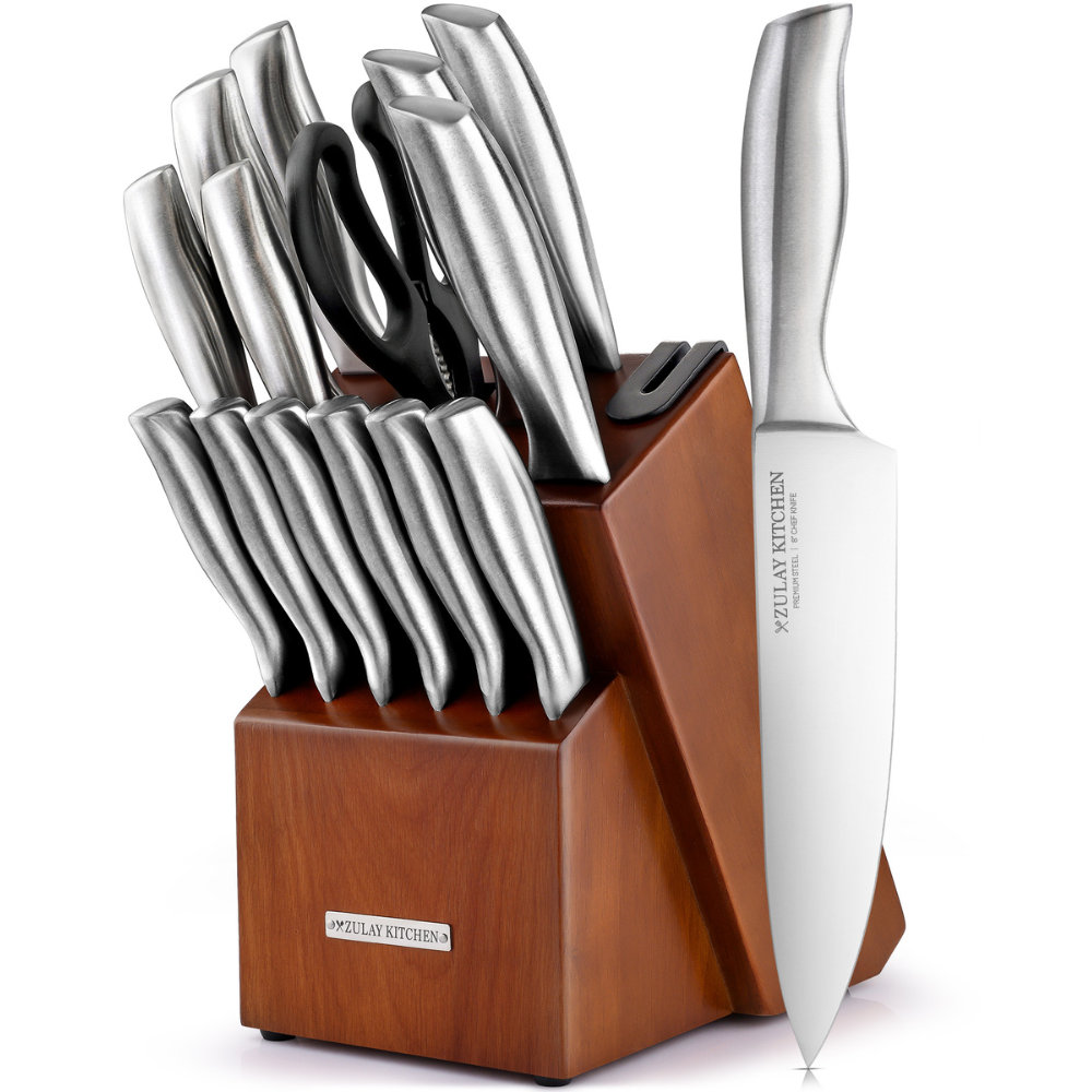 Zulay Kitchen Premium 15-Piece Knife Set with Natural Wood Block and Built-in Sharpener Zulay Kitchen Blade 
