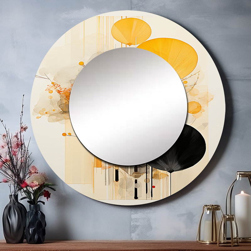 Asian Art Seashell Sumi Xi - miroir mural asiatique, miroir décoratif rond jaune, impression sur métal, 29 po x 29 po