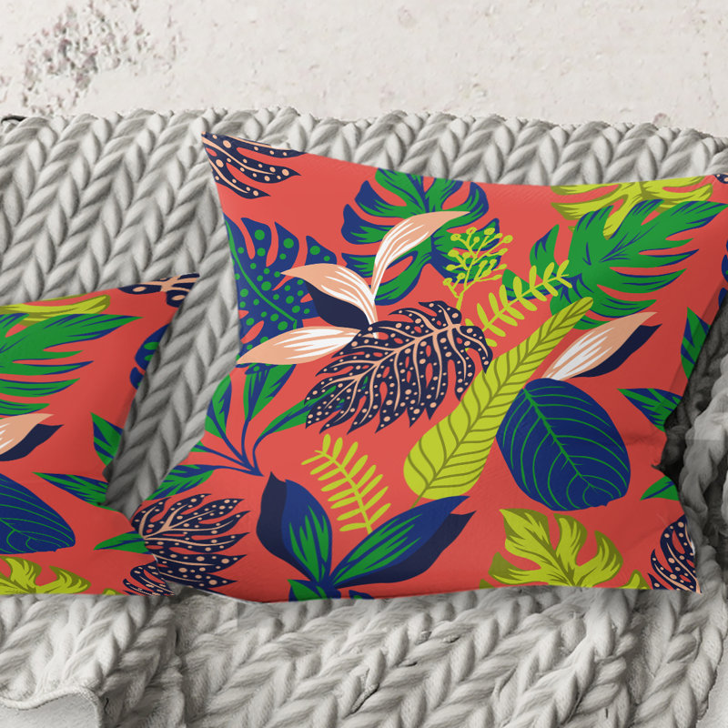 Coussin décoratif rétro à motif de feuilles tropicales I - Mid-Century, 16 po x 1 po