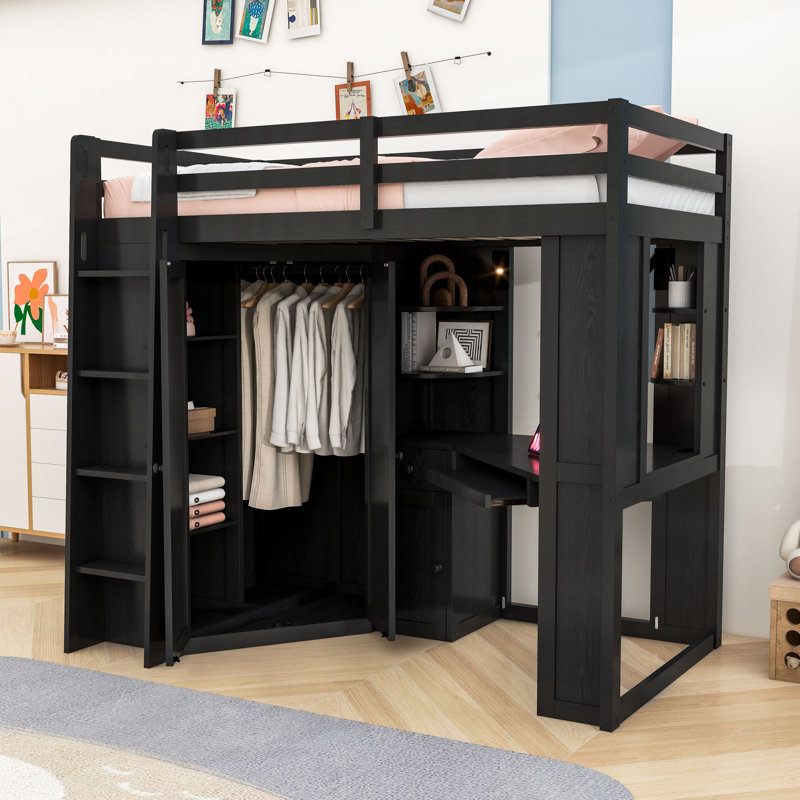 Lit mezzanine avec garde-robe, bureau et station de charge, Noir