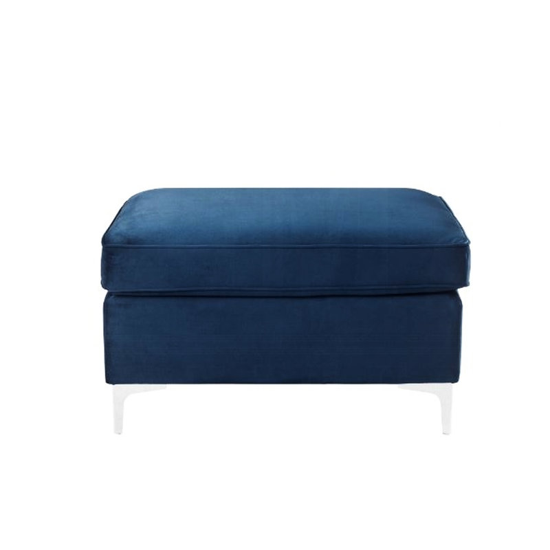 Velours bleu, conception modulaire, densité de la mousse D28, pieds en métal, largeur de 36 pouces, profondeur de 27 po, hauteur de 20 po, bois de pin et matériaux de 29 lb, composition