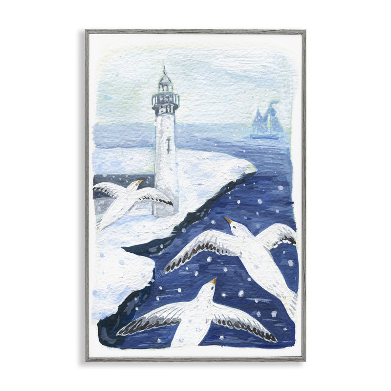«Snowy Winter Harbor Birds», estampe numérique, design par Hannah Moren, H 24 po x l 16 po, Estampe numérique Farmhouse