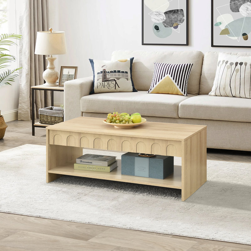 Table basse en bois beige cannelée avec tablette ouverte Abdullah