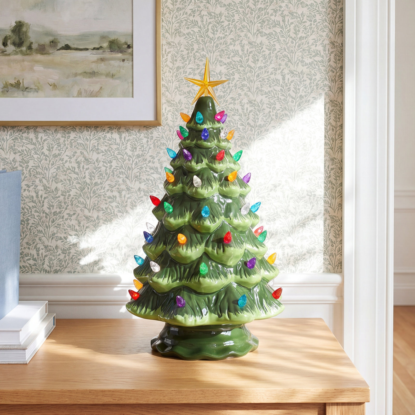 Lighted Ceramic Tabletop Christmas Tree, 15.5" H x 9" W x 9" D, Green