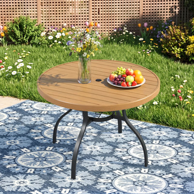 41" Round Metal Outdoor Patio Dining Table For 4, All-Weather Slatted Outdoor Table With Umbrella Hole,Brown