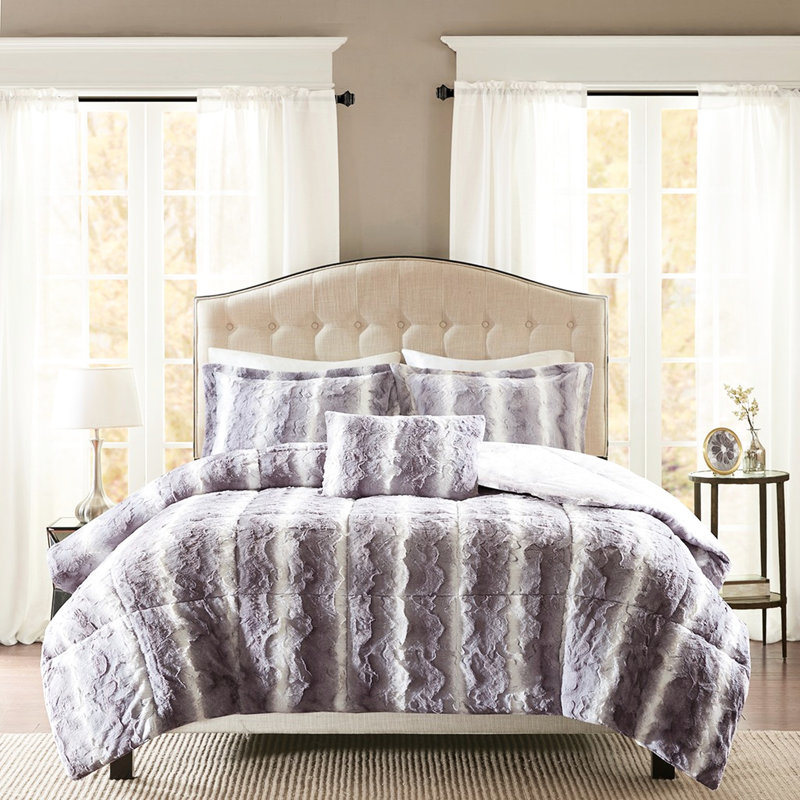 Literie en fausse fourrure grise pour très grand lit, avec 2 taies décoratives et coussin décoratif, Gris
