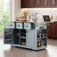Grand îlot de cuisine noir avec prise de courant et 2 tabourets de bar, armoire de rangement, abattant, tiroirs-1371355355