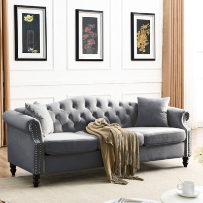 Velours gris 3 + combinaison - conception classique. Ergonomique et confortable. Structure en bois massif durable. Coussins en mousse souple. Boutons. Siège de 18 po de hauteur, 23 po de profondeur, 66 po de largeur. Entretien régulier 3 + 3: