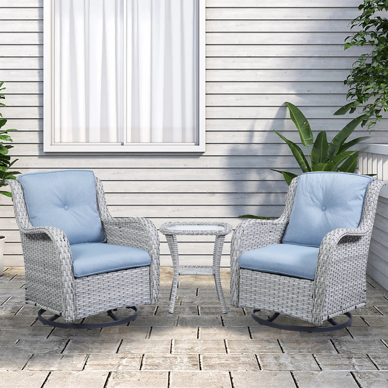 Schutt 3 Piece Outdoor Wicker Seating Group with Rocking & Swivel Chairs and Cushions, Baby Blue