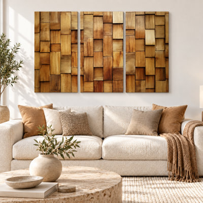 Triptych Canvas Wall Art – Wood Mosaic Pattern Print, 3-Panel Painting Reproduction