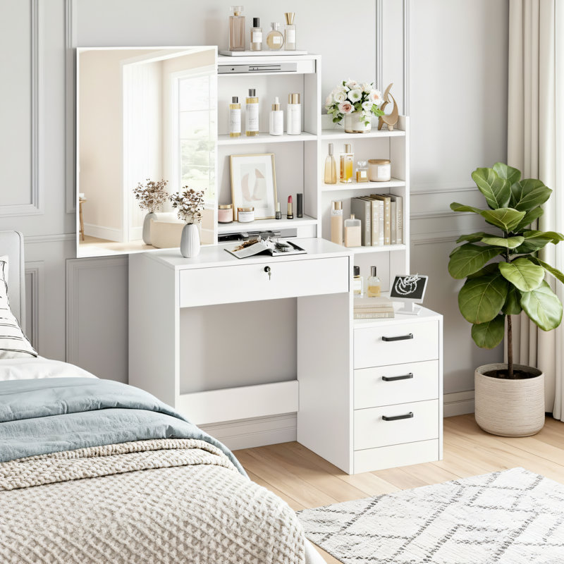 Blanc, coiffeuse de style moderne avec éclairage et miroir coulissant; Table de coiffeuse pour chambre à coucher avec commode et rangement intégrés.