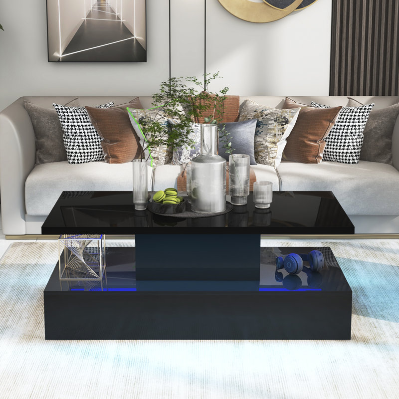 Coffee Table Cocktail Table Modern Industrial Design with LED lighting, 16 colours with a remote control (Black)