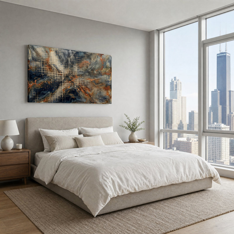 Tableau sur toile abstrait en résine bleue et rouille, style grille et rouille, 58“W x 28”H