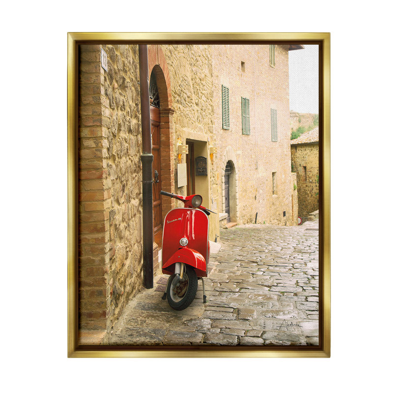 "Red Moped In City" par Aledanda sur toile, Cadre flottant métallique doré, H 21 po x l 17 po