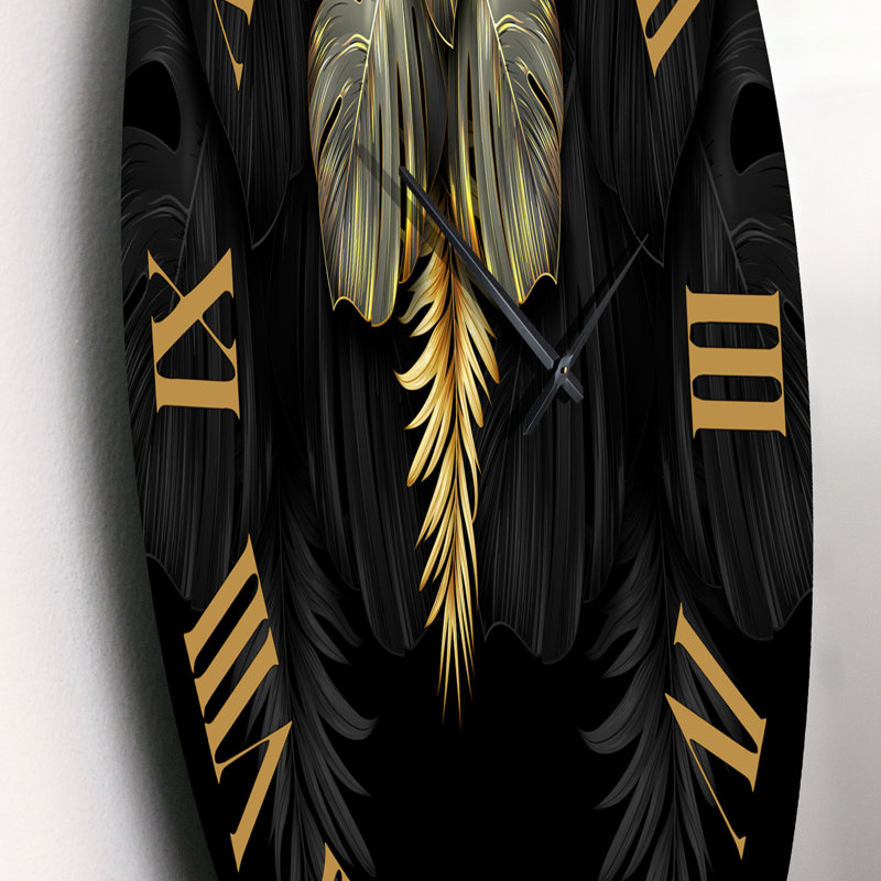 Feuilles tropicales noires et dorées IV - horloge murale moderne, Moyen