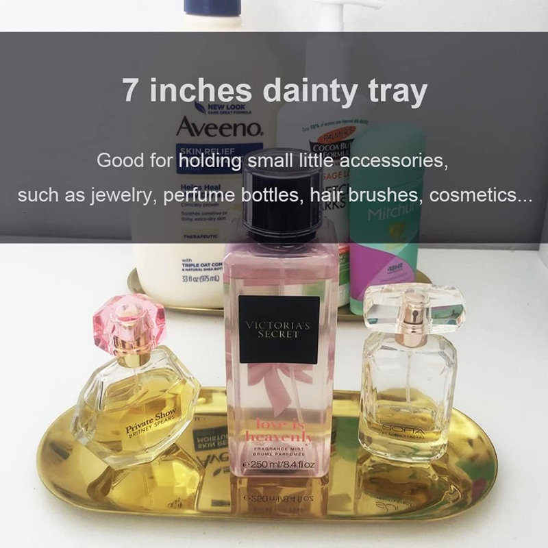 Plateaux décoratifs dorés en acier inoxydable, organisateur de coiffeuse ovale pour bijoux, cosmétiques et accessoires de salle de bain